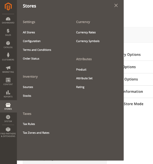 Select “Stores” followed by “Configuration” menu.