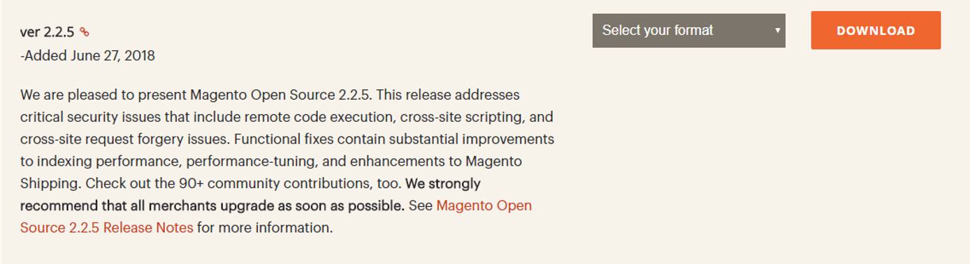 The Magento download screen The Magento download screen